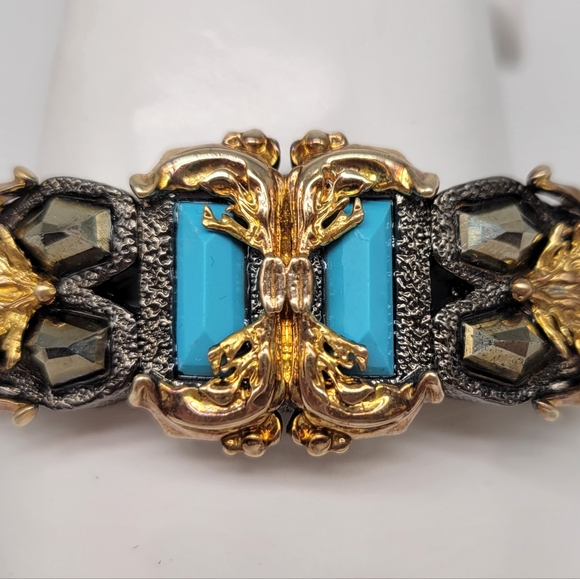 Alexis Bittar Turquoise Glass and Swarovski Crystal Mixed Metal Ormolu Cuff - Picture 8 of 13